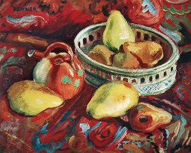 Sept Poires - Poires et flacon de calvados